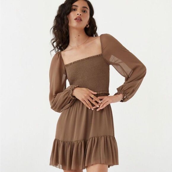 NWT ARITZIA Wilfred Brown Tempest Smock Sheer Balloon Sleeve Boho Midi Dress XS - Picture 1 of 9